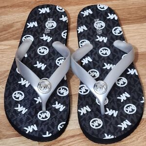 Michael Kors Black MK Logo Flip Flops with Silver Straps